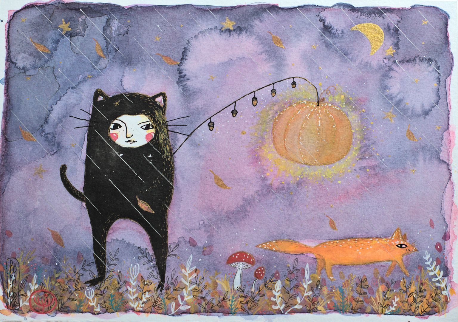 autumnal ink painting of a character wearing a black cat costume, holding a pumpkin lantern, beside a fox, with a background of rainy purple night, golden moon, autumn leaves, mushrooms and plants